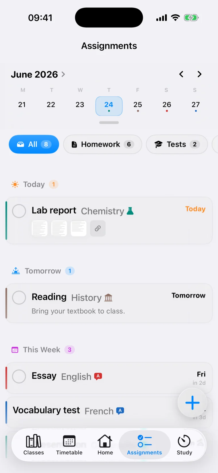 The Scolefy assignments list grouped into Today, Tomorrow and This Week