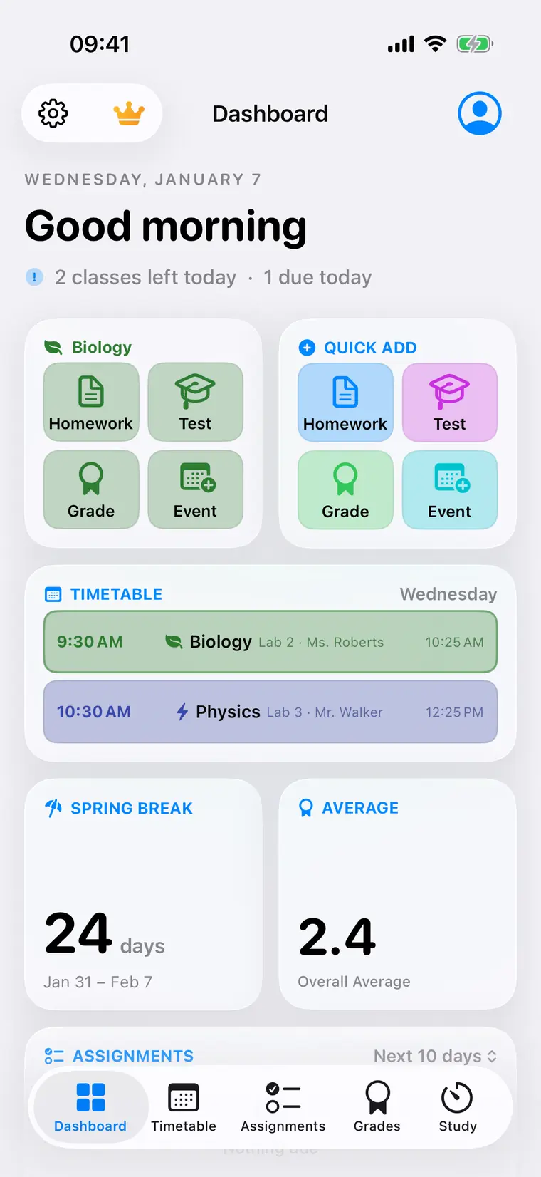 The Scolefy dashboard showing today's lessons, quick actions and overall average